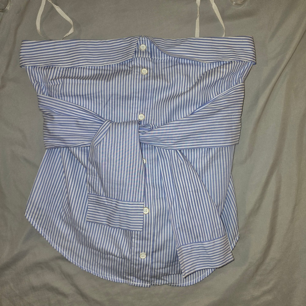 Anthropologie Maeve Alanna Strapless Blouse 2 Blue White Striped Deconstructed